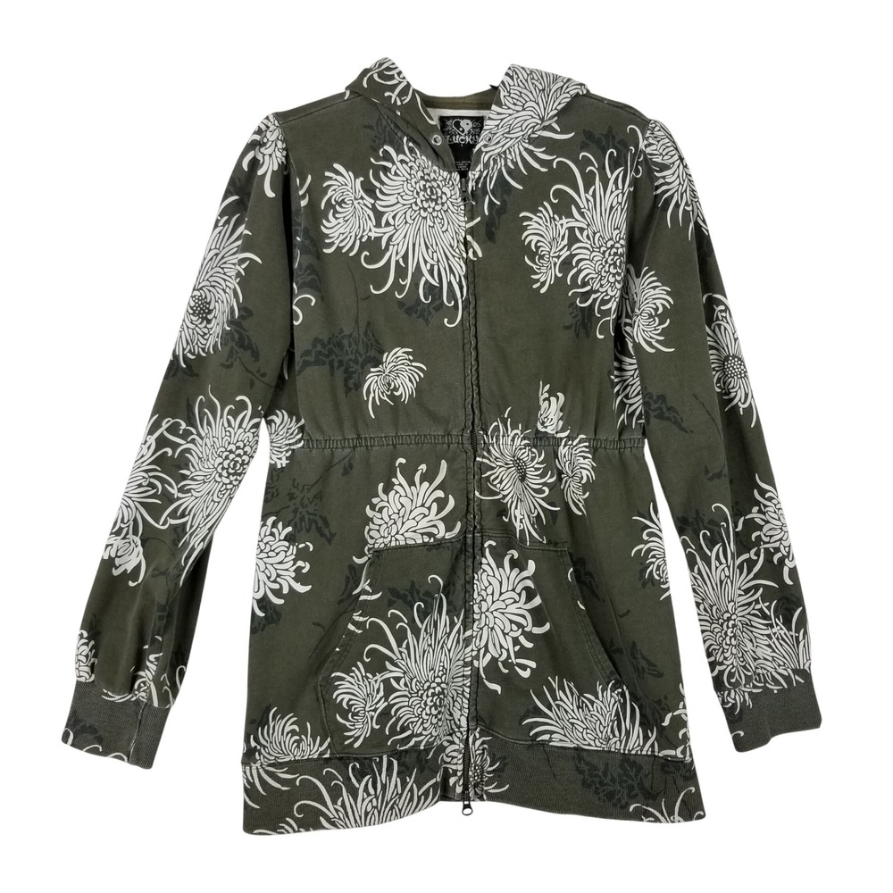VTG Lucky Brand Hoodie Women L Green Floral Chrysanthemum Zip Up Longline Y2K